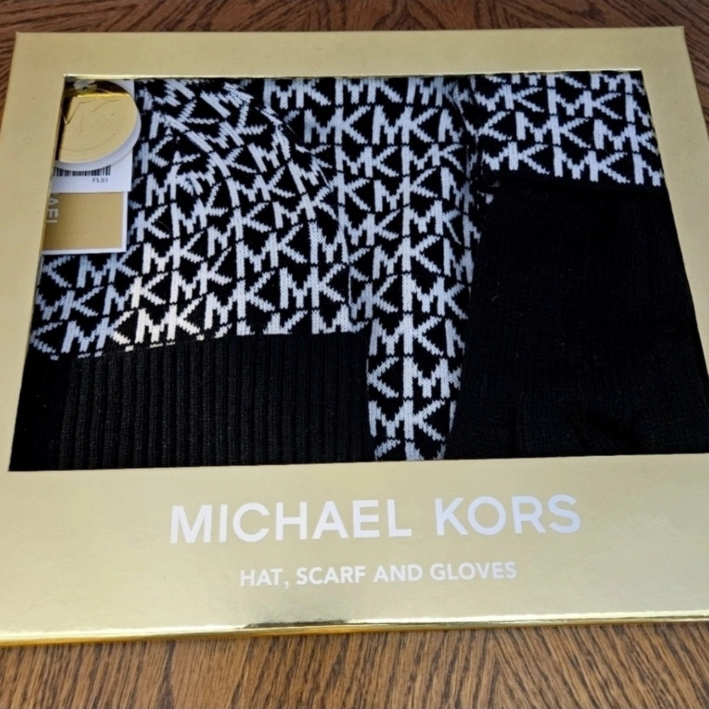 Michael Kors Black and White Hat, Scarf, and Gloves Set